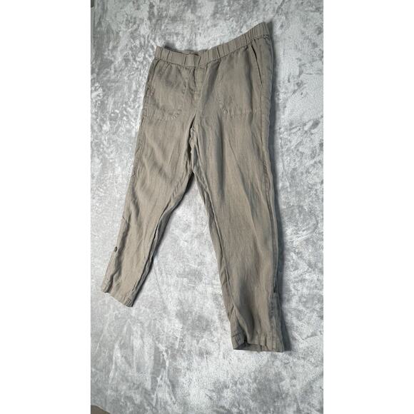 Pure Jill Pull On Linen Pants Women's Medium Olive Green Crop Cuffed Boho Beach - Picture 2 of 12